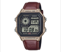 Casio World Time Illuminator digital watch with brown leather strap and gold-tone case