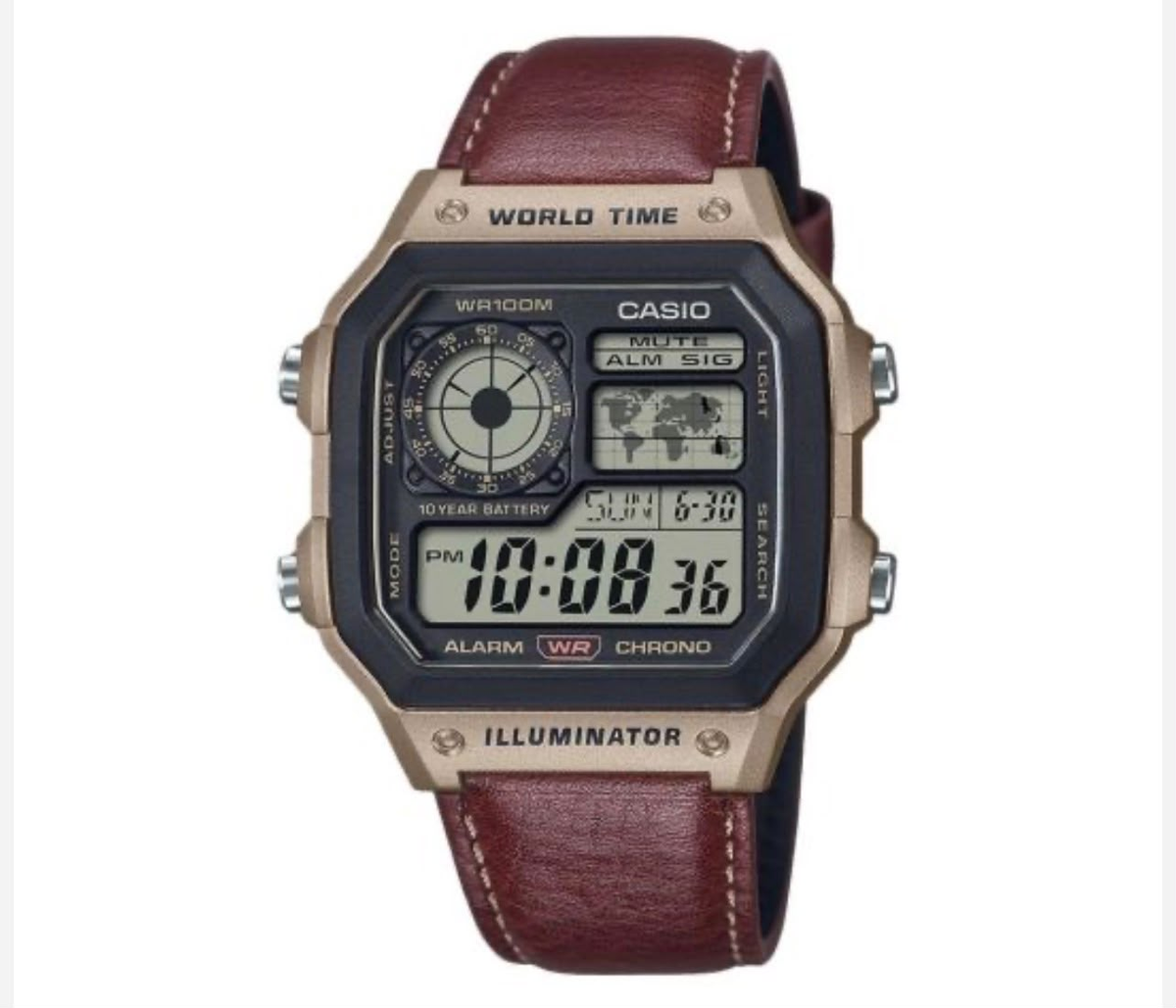 Casio World Time Illuminator digital watch with brown leather strap and gold-tone case